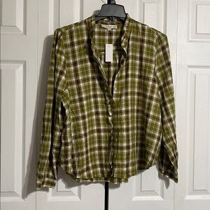 LOFT linen blend green & off white plaid NWT shirt top blouse Size XL